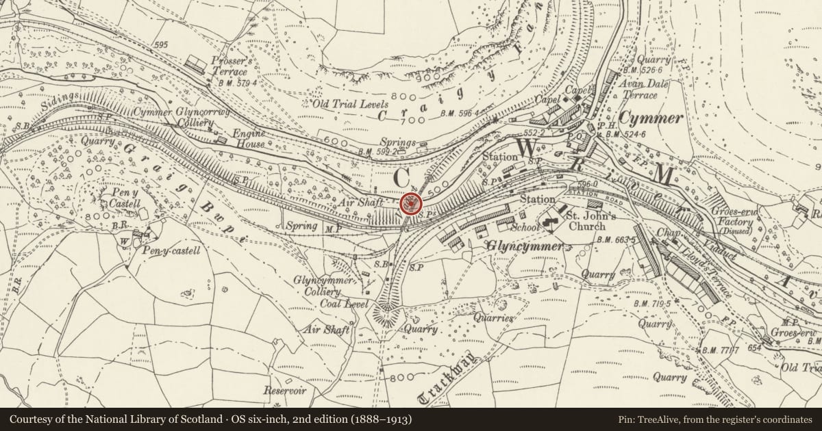 Ordnance Survey six-inch map, 2nd edition (1888–1913) covering the location of Cymmer Viaduct, Glyncorrwg, Neath Port Talbot, with a pin at the register's coordinates