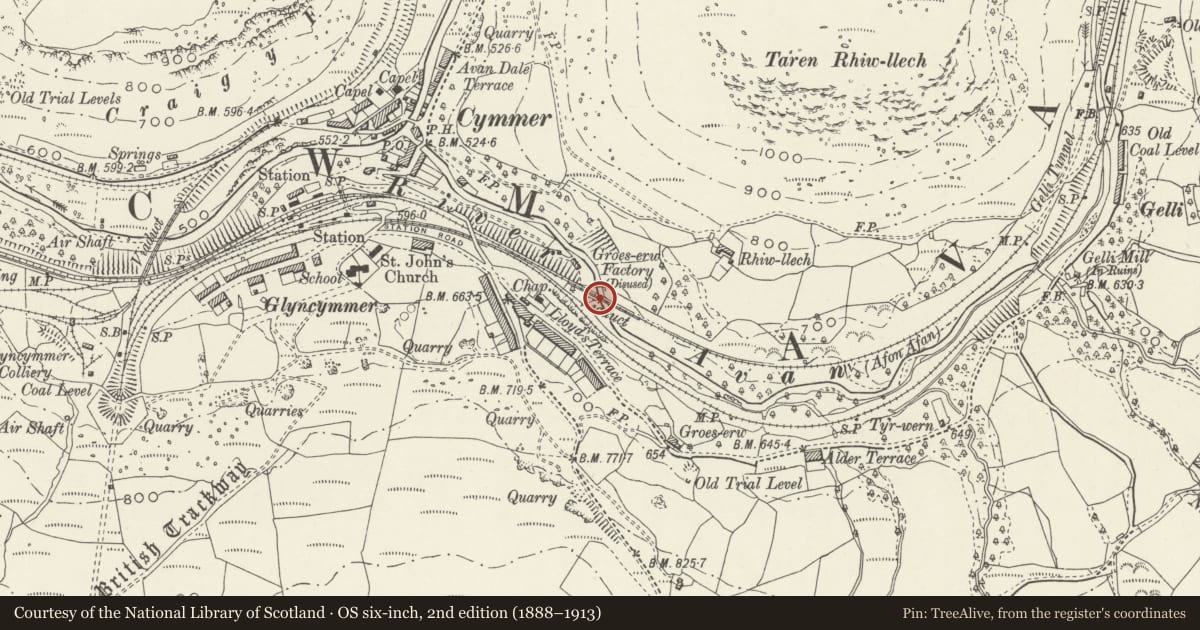 Ordnance Survey six-inch map, 2nd edition (1888–1913) covering the location of Croeserw Viaduct, Glyncorrwg, Neath Port Talbot, with a pin at the register's coordinates