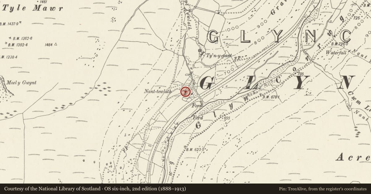 Ordnance Survey six-inch map, 2nd edition (1888–1913) covering the location of Nantewlath including attached barn and stable, Glyncorrwg, Neath Port Talbot, with a pin at the register's coordinates