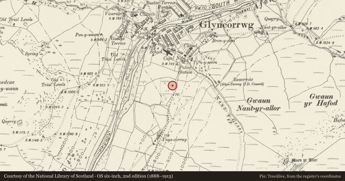 Ordnance Survey six-inch map, 2nd edition (1888–1913) covering the location of The Hall (formerly Glyncorrwg Workmen's Institute and Memorial Hall), Neath Port Talbot, with a pin at the register's coordinates