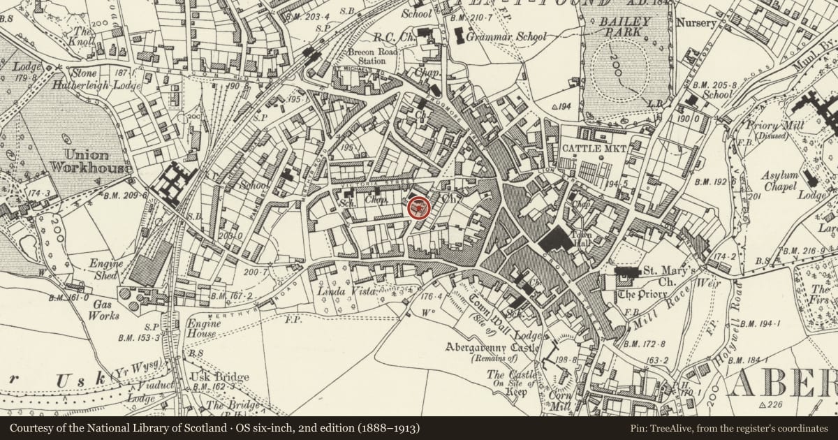 Ordnance Survey six-inch map, 2nd edition (1888–1913) covering the location of Holy Trinity Vicarage, Abergavenny, Monmouthshire, with a pin at the register's coordinates