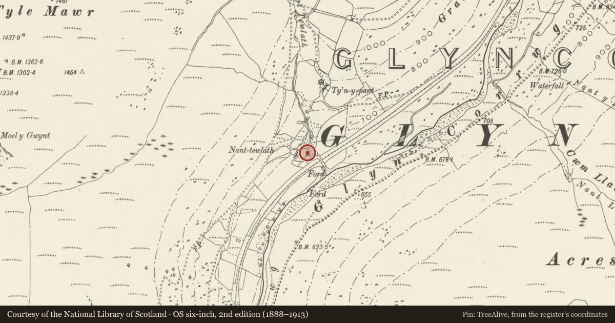 Ordnance Survey six-inch map, 2nd edition (1888–1913) covering the location of Animal House at Nantewlath, Glyncorrwg, Neath Port Talbot, with a pin at the register's coordinates