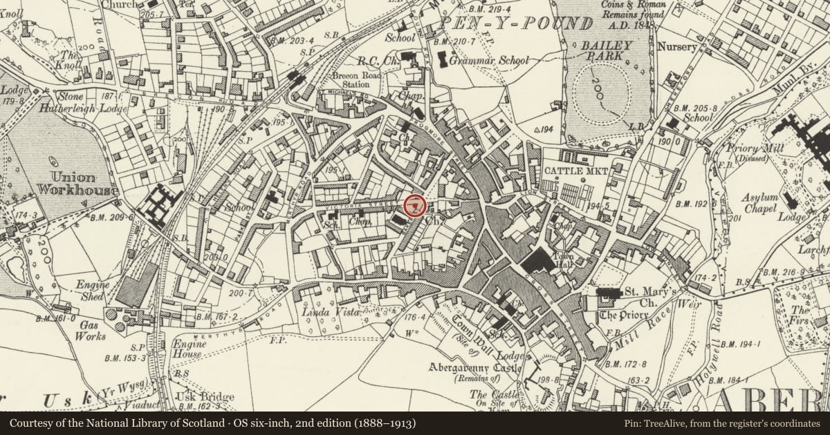 Ordnance Survey six-inch map, 2nd edition (1888–1913) covering the location of Abergavenny Public Library, Monmouthshire, with a pin at the register's coordinates