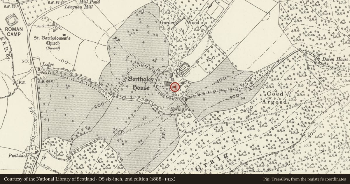 Ordnance Survey six-inch map, 2nd edition (1888–1913) covering the location of Stable/Cartshed block at Bertholey, including attached wall and lean-to to west, Llantrisant Fawr, Monmouthshire, with a pin at the register's coordinates