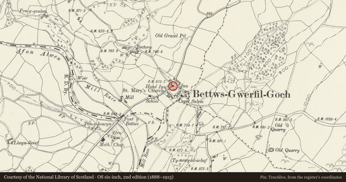 Ordnance Survey six-inch map, 2nd edition (1888–1913) covering the location of Lychgate of St Mary's Church, Betws Gwerfil Goch, Denbighshire, with a pin at the register's coordinates