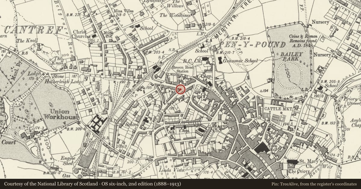 Ordnance Survey six-inch map, 2nd edition (1888–1913) covering the location of Western Villa, including attached railings, Abergavenny, Monmouthshire, with a pin at the register's coordinates