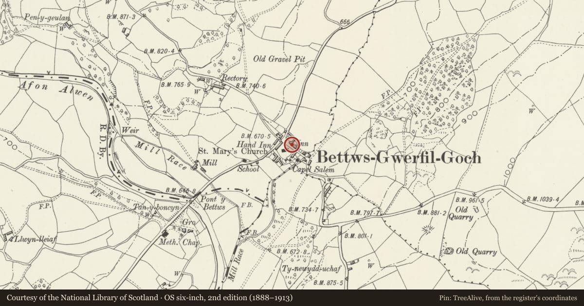 Ordnance Survey six-inch map, 2nd edition (1888–1913) covering the location of Gwynfa, Betws Gwerfil Goch, Denbighshire, with a pin at the register's coordinates