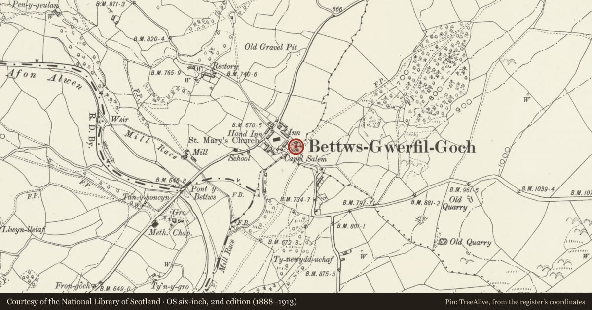 Ordnance Survey six-inch map, 2nd edition (1888–1913) covering the location of Pont y capel, Betws Gwerfil Goch, Denbighshire, with a pin at the register's coordinates