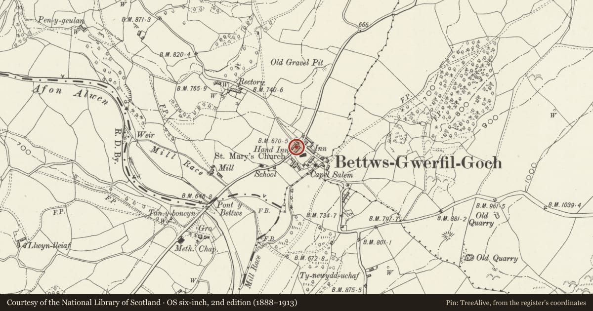 Ordnance Survey six-inch map, 2nd edition (1888–1913) covering the location of The Hand, Betws Gwerfil Goch, Denbighshire, with a pin at the register's coordinates