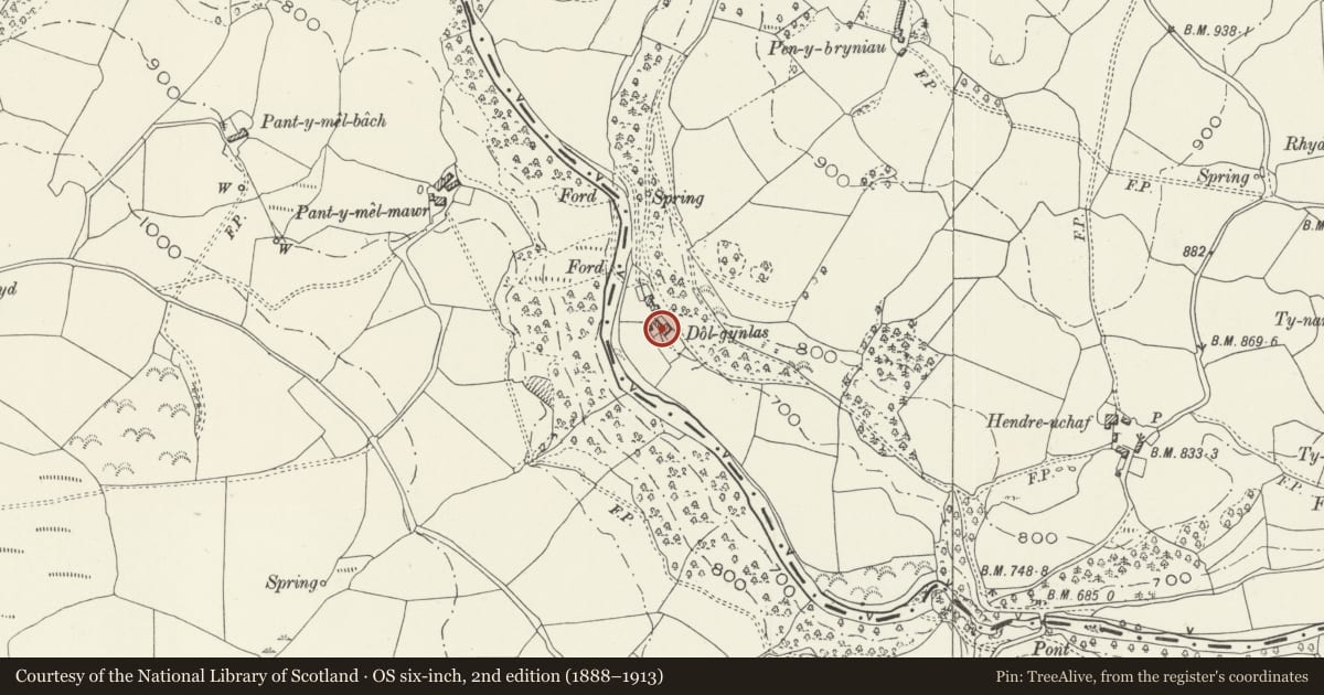 Ordnance Survey six-inch map, 2nd edition (1888–1913) covering the location of Dolgynlas farmhouse with attached outbuilding ranges, Betws Gwerfil Goch, Denbighshire, with a pin at the register's coordinates
