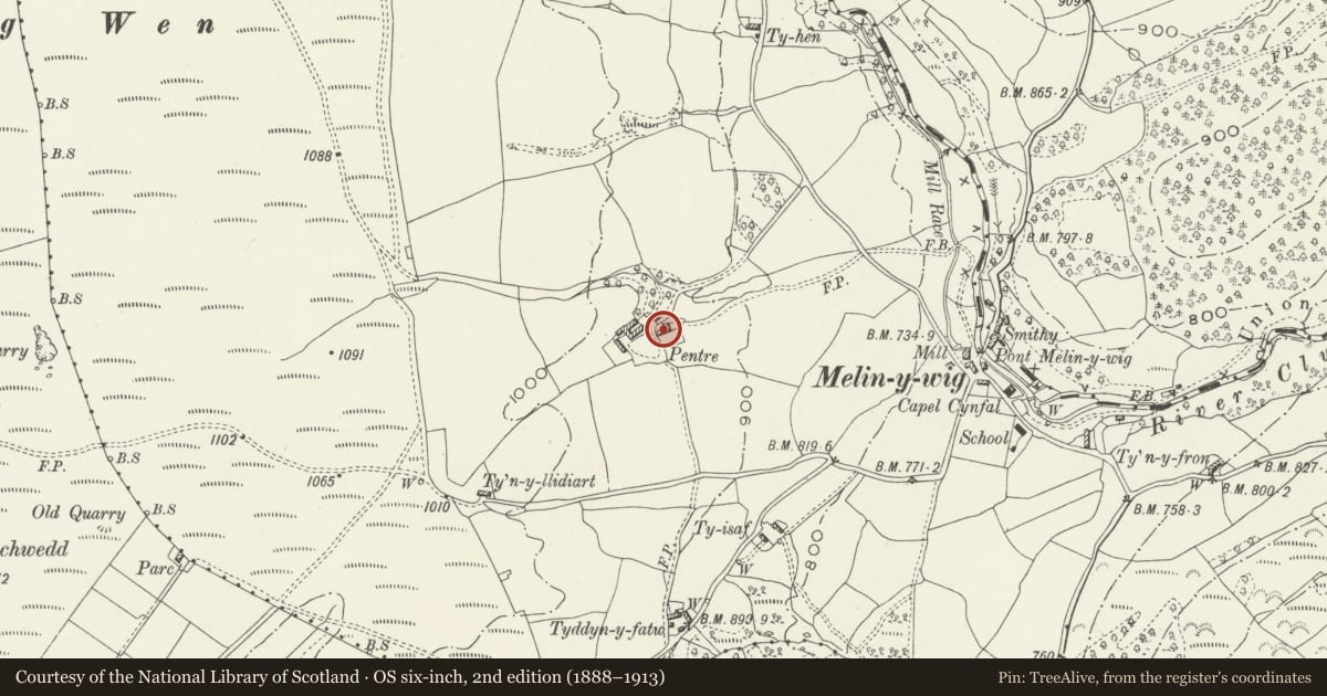 Ordnance Survey six-inch map, 2nd edition (1888–1913) covering the location of Pentre farmhouse, Betws Gwerfil Goch, Denbighshire, with a pin at the register's coordinates