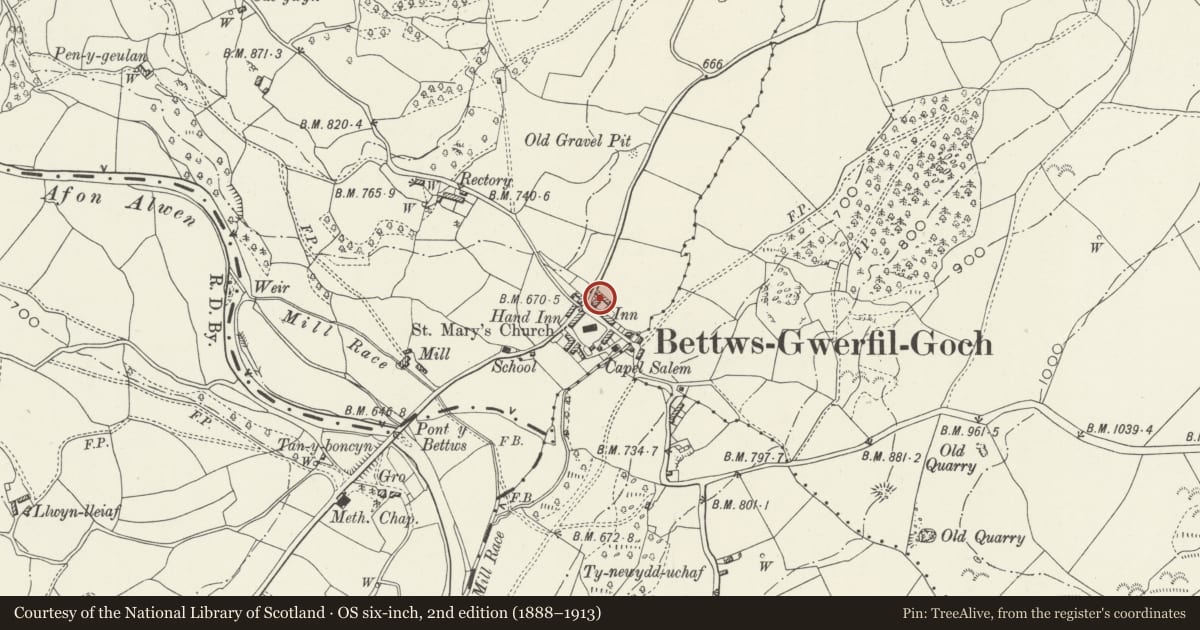 Ordnance Survey six-inch map, 2nd edition (1888–1913) covering the location of Old house and outbuildings at north side of Wyn Llan, Betws Gwerfil Goch, Denbighshire, with a pin at the register's coordinates
