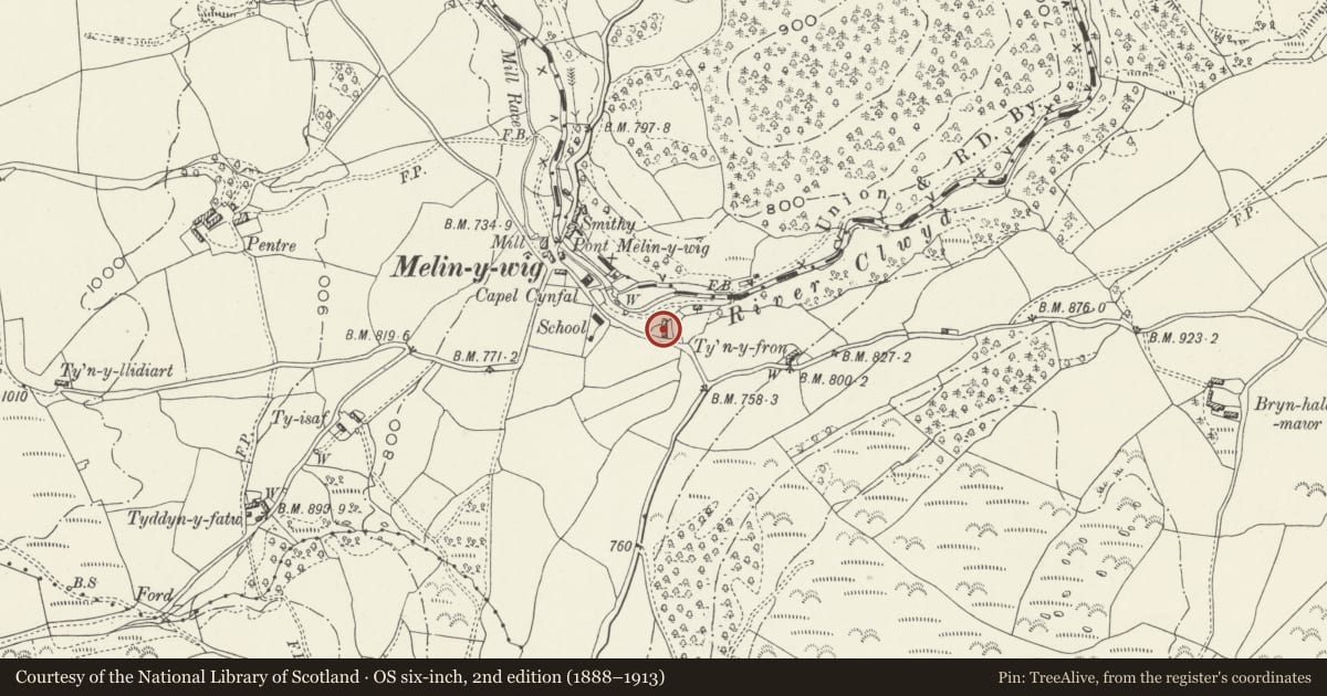Ordnance Survey six-inch map, 2nd edition (1888–1913) covering the location of Tyn Radwy, Betws Gwerfil Goch, Denbighshire, with a pin at the register's coordinates
