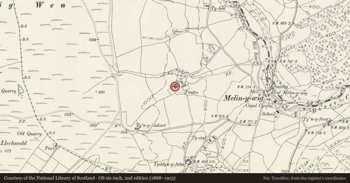Ordnance Survey six-inch map, 2nd edition (1888–1913) covering the location of Farm buildings range at Pentre, Betws Gwerfil Goch, Denbighshire, with a pin at the register's coordinates