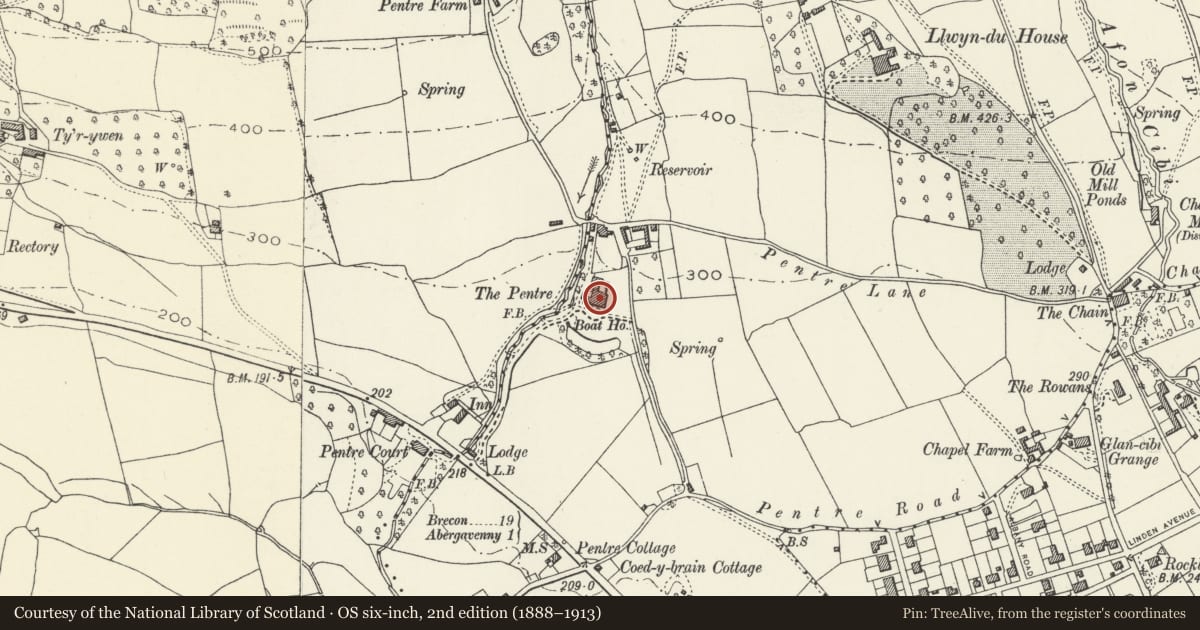 Ordnance Survey six-inch map, 2nd edition (1888–1913) covering the location of The Pentre, Abergavenny, Monmouthshire, with a pin at the register's coordinates