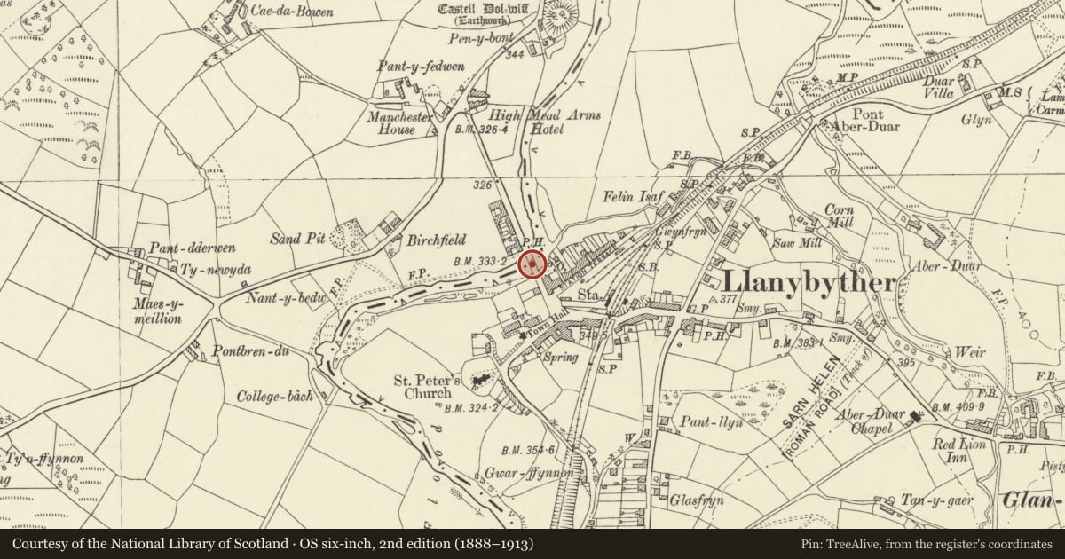 Ordnance Survey six-inch map, 2nd edition (1888–1913) covering the location of Pont Llanybydder (Partly in Llanwenog Community), Carmarthenshire, with a pin at the register's coordinates
