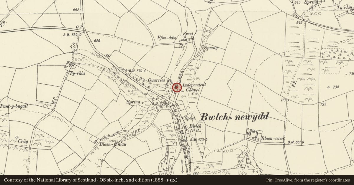 Ordnance Survey six-inch map, 2nd edition (1888–1913) covering the location of Bwlchnewydd Independent Chapel, Abernant, Carmarthenshire, with a pin at the register's coordinates