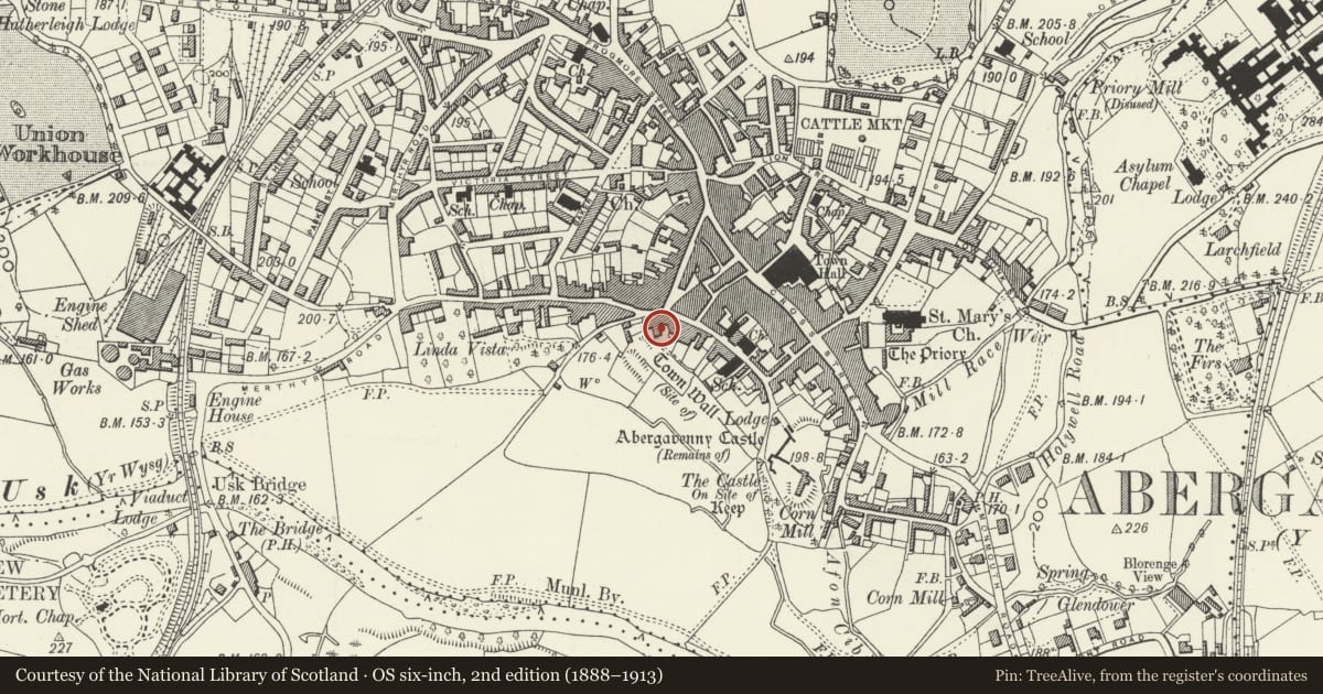 Ordnance Survey six-inch map, 2nd edition (1888–1913) covering the location of Old Court, Abergavenny, Monmouthshire, with a pin at the register's coordinates