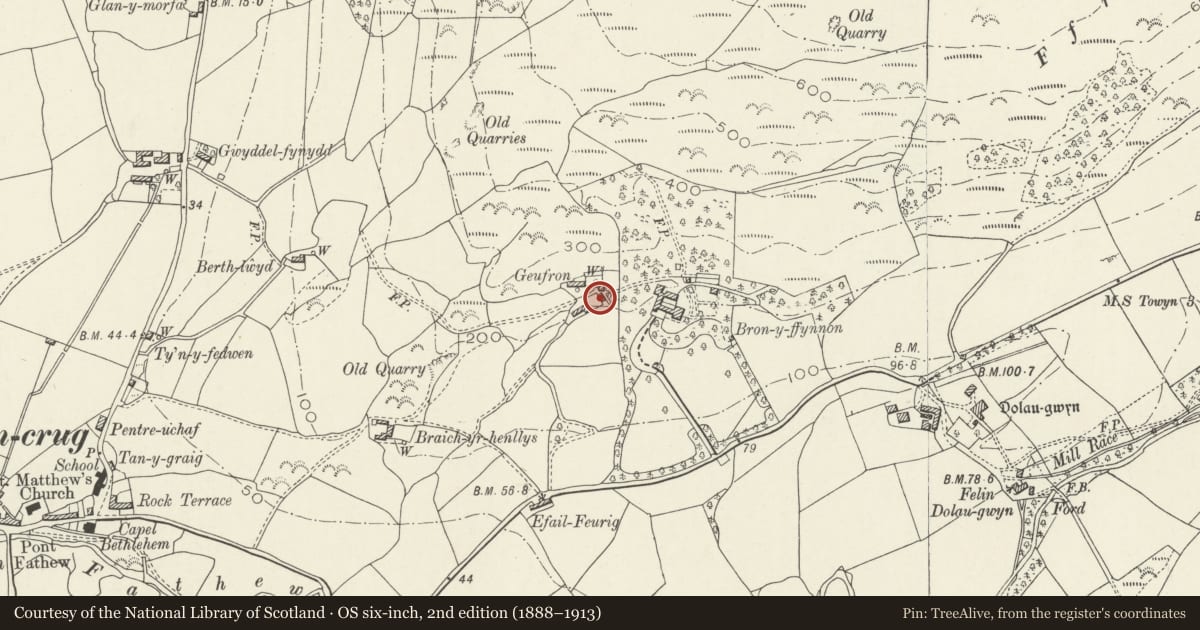 Ordnance Survey six-inch map, 2nd edition (1888–1913) covering the location of Haybarn at Geufron, Bryn-Crug, Gwynedd, with a pin at the register's coordinates