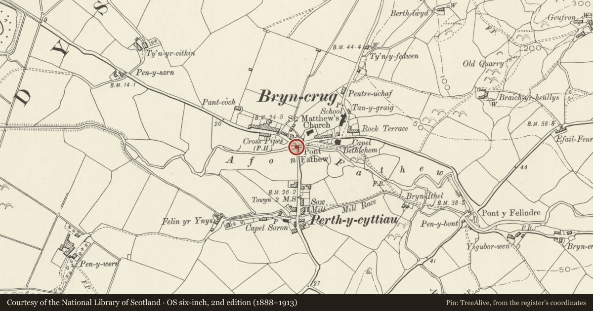 Ordnance Survey six-inch map, 2nd edition (1888–1913) covering the location of Mile Marker, Bryn-Crug, Gwynedd, with a pin at the register's coordinates