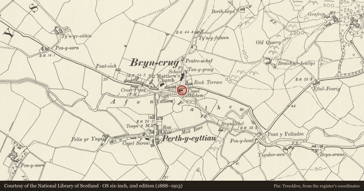 Ordnance Survey six-inch map, 2nd edition (1888–1913) covering the location of Grave of Mary Jones, Bryn-Crug, Gwynedd, with a pin at the register's coordinates