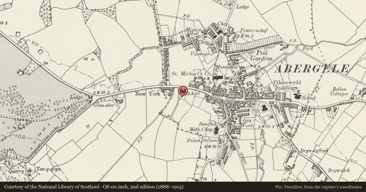 Ordnance Survey six-inch map, 2nd edition (1888–1913) covering the location of Abergele Community Centre, Conwy, with a pin at the register's coordinates