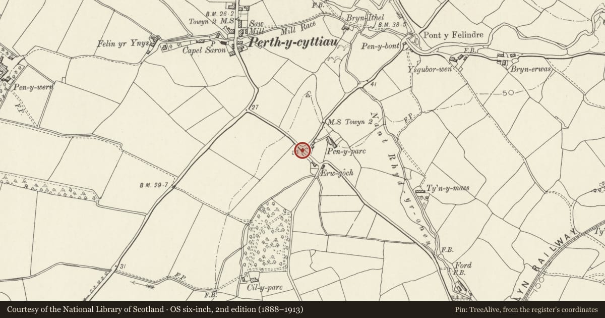 Ordnance Survey six-inch map, 2nd edition (1888–1913) covering the location of Water lift pump at Pen Parc, Bryn-Crug, Gwynedd, with a pin at the register's coordinates