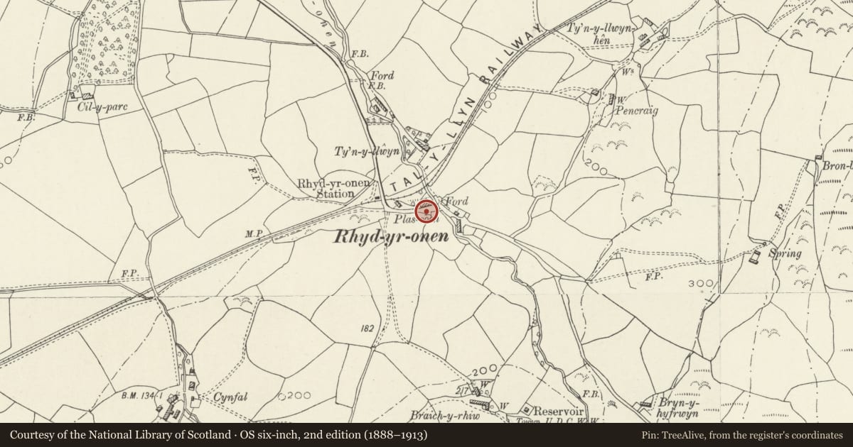 Ordnance Survey six-inch map, 2nd edition (1888–1913) covering the location of Water lift pump at Rhyd-yr-onen, Bryn-Crug, Gwynedd, with a pin at the register's coordinates