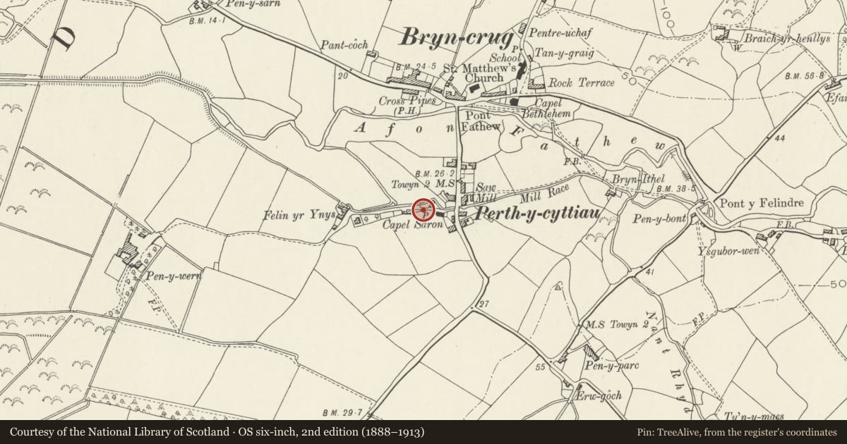 Ordnance Survey six-inch map, 2nd edition (1888–1913) covering the location of Water lift pump on road to Penowern, Bryn-Crug, Gwynedd, with a pin at the register's coordinates