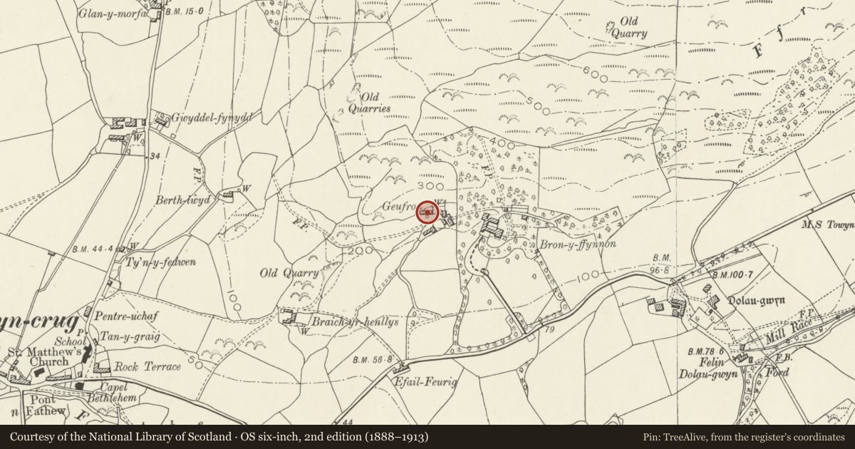 Ordnance Survey six-inch map, 2nd edition (1888–1913) covering the location of Geufron, Bryn-Crug, Gwynedd, with a pin at the register's coordinates