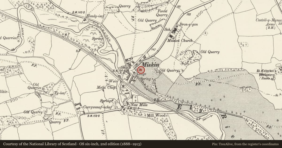 Ordnance Survey six-inch map, 2nd edition (1888–1913) covering the location of Church of St David, Pont-y-Clun, Rhondda Cynon Taff, with a pin at the register's coordinates