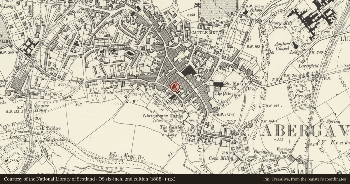 Ordnance Survey six-inch map, 2nd edition (1888–1913) covering the location of Abergavenny Methodist Church, Monmouthshire, with a pin at the register's coordinates