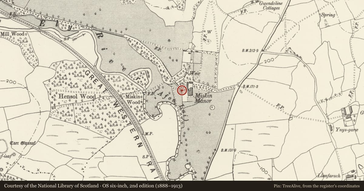 Ordnance Survey six-inch map, 2nd edition (1888–1913) covering the location of Upper terrace wall and pavilion on W side of Miskin Manor, Pont-y-Clun, Rhondda Cynon Taff, with a pin at the register's coordinates