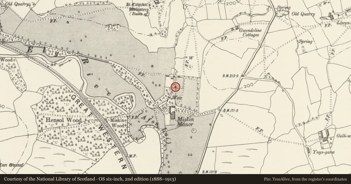 Ordnance Survey six-inch map, 2nd edition (1888–1913) covering the location of Kitchen garden walls N of Miskin Manor, Pont-y-Clun, Rhondda Cynon Taff, with a pin at the register's coordinates