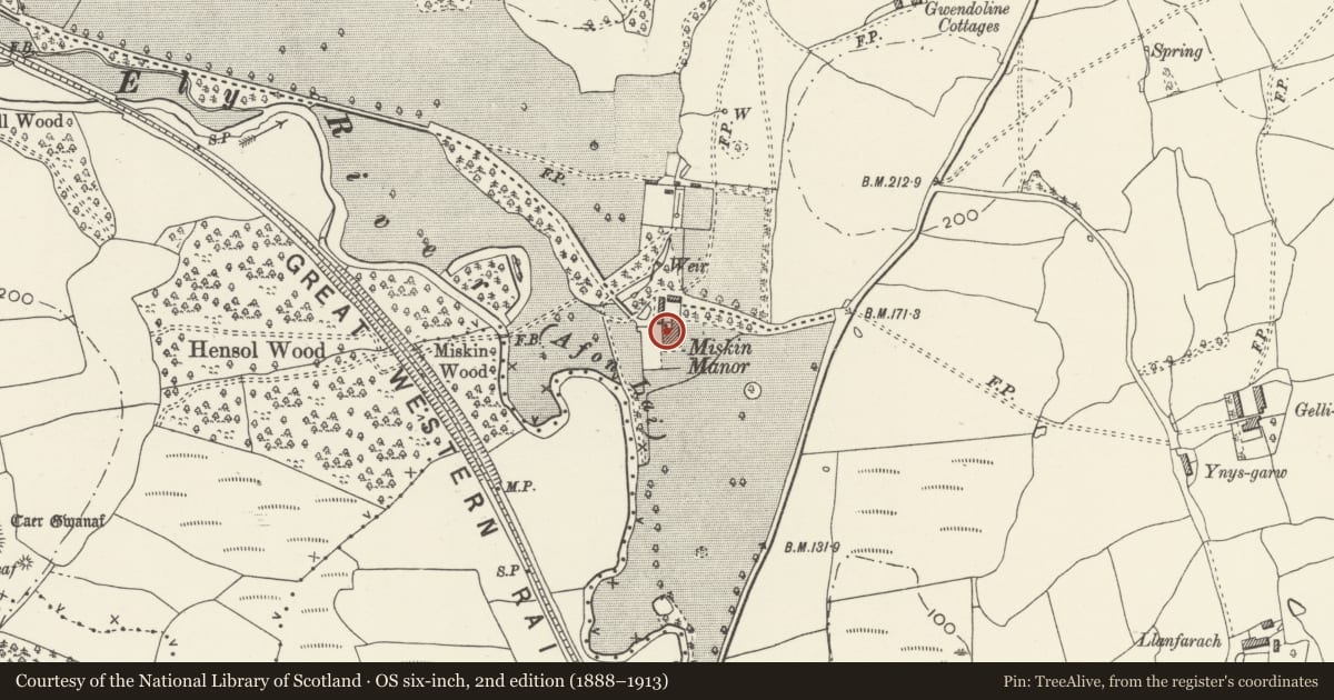 Ordnance Survey six-inch map, 2nd edition (1888–1913) covering the location of Pair of King's Beasts at W entrance to Miskin Manor, Pont-y-Clun, Rhondda Cynon Taff, with a pin at the register's coordinates