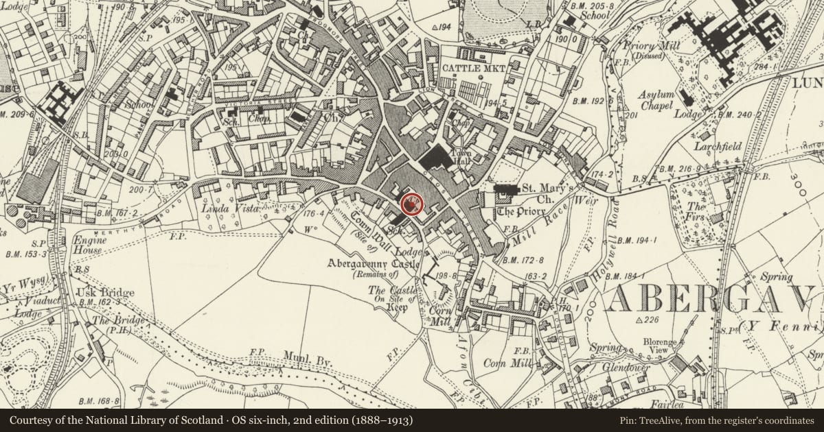 Ordnance Survey six-inch map, 2nd edition (1888–1913) covering the location of Abergavenny United Reformed Church, Monmouthshire, with a pin at the register's coordinates