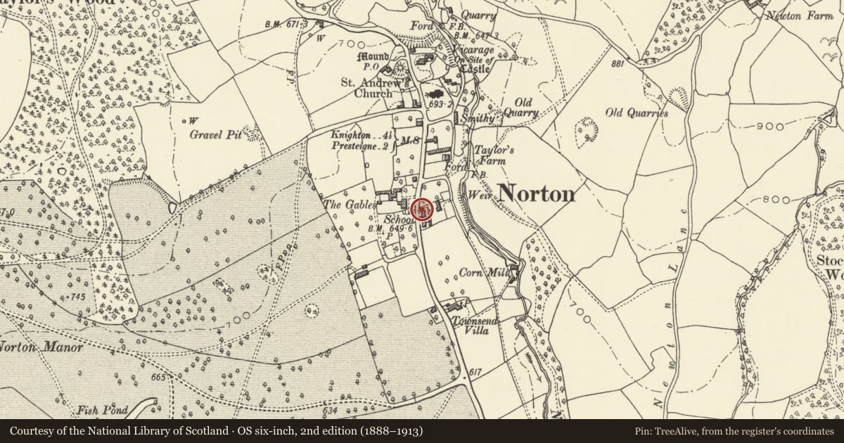 Ordnance Survey six-inch map, 2nd edition (1888–1913) covering the location of 1 The Terrace, Presteigne, Powys, with a pin at the register's coordinates