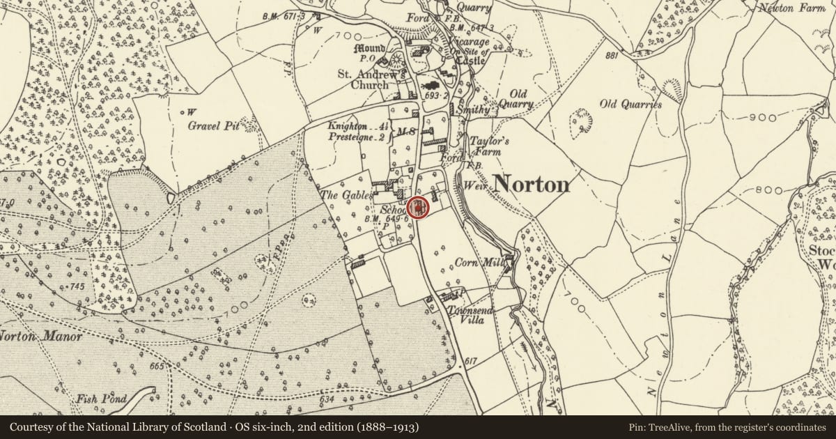 Ordnance Survey six-inch map, 2nd edition (1888–1913) covering the location of The Church Room, Presteigne, Powys, with a pin at the register's coordinates