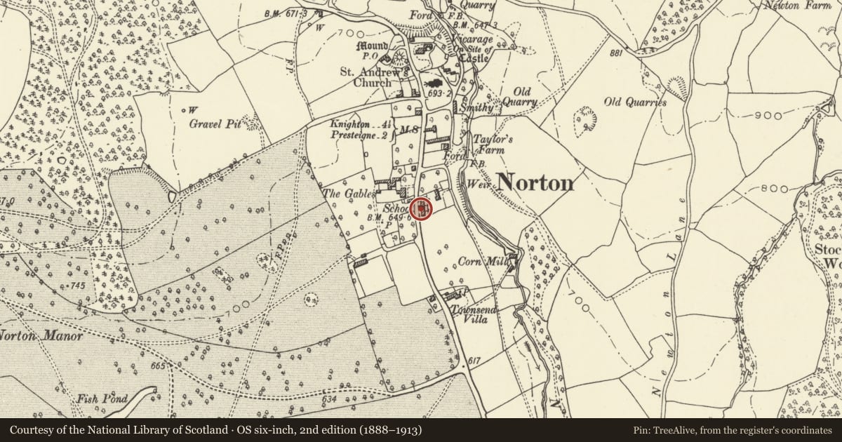 Ordnance Survey six-inch map, 2nd edition (1888–1913) covering the location of 4 The Terrace, Presteigne, Powys, with a pin at the register's coordinates