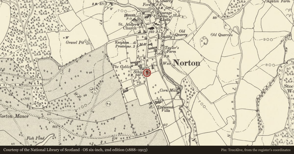 Ordnance Survey six-inch map, 2nd edition (1888–1913) covering the location of 5 The Terrace, Presteigne, Powys, with a pin at the register's coordinates
