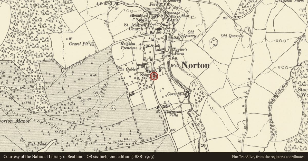 Ordnance Survey six-inch map, 2nd edition (1888–1913) covering the location of 6 The Terrace, Presteigne, Powys, with a pin at the register's coordinates