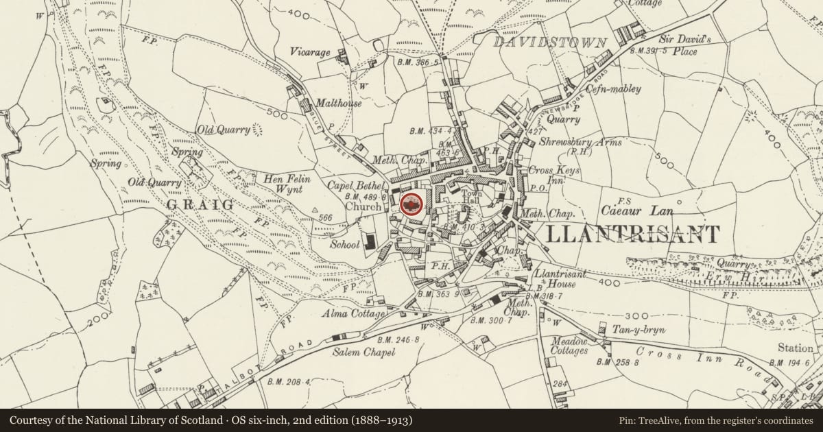Ordnance Survey six-inch map, 2nd edition (1888–1913) covering the location of Church of St Illtyd, St Gwynno and St Dyfodwg, Llantrisant, Rhondda Cynon Taff, with a pin at the register's coordinates