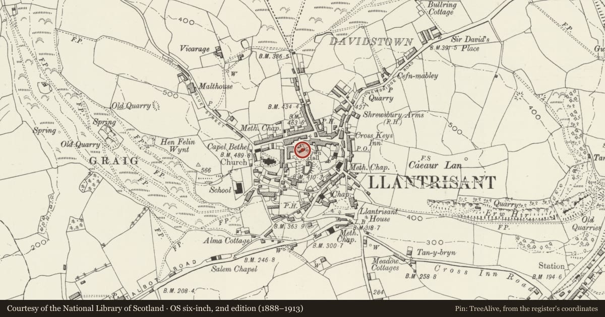 Ordnance Survey six-inch map, 2nd edition (1888–1913) covering the location of The Guildhall, Llantrisant, Rhondda Cynon Taff, with a pin at the register's coordinates
