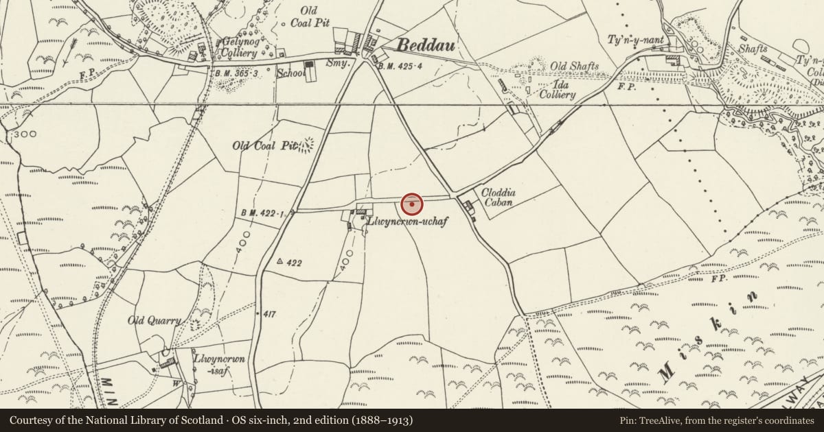 Ordnance Survey six-inch map, 2nd edition (1888–1913) covering the location of Church of St Michael and All Angels, Llantrisant, Rhondda Cynon Taff, with a pin at the register's coordinates