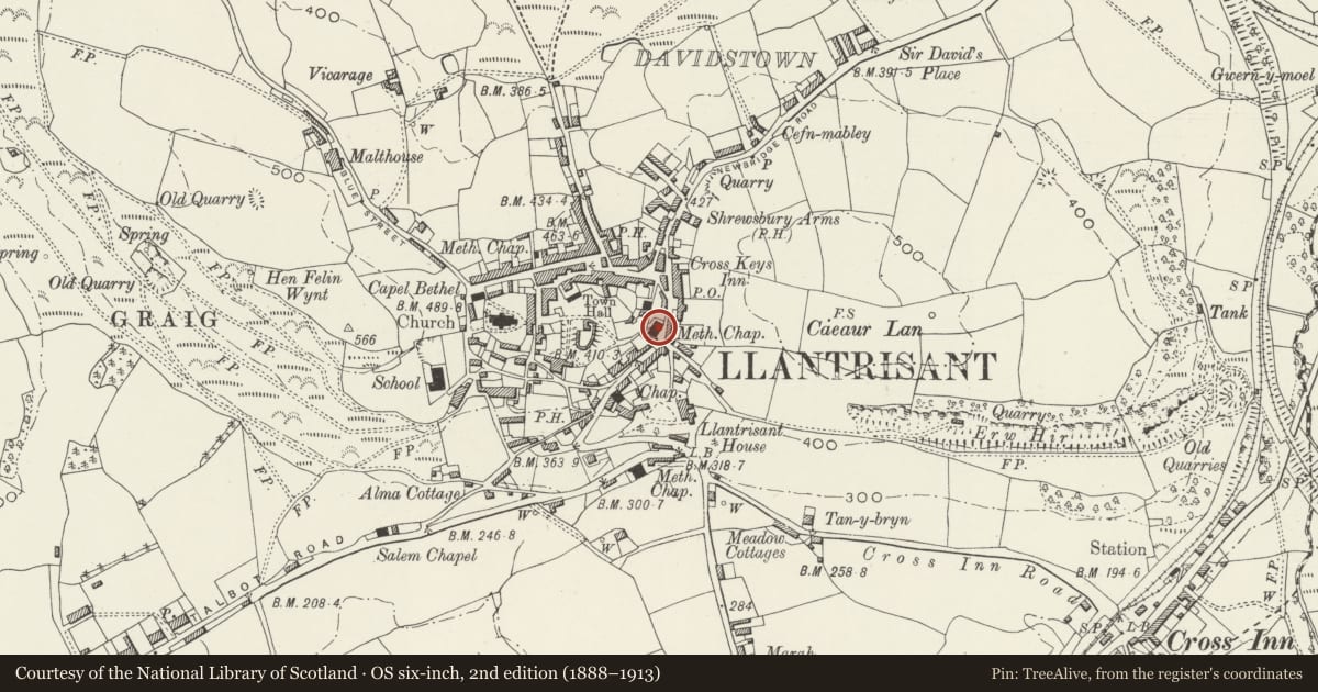 Ordnance Survey six-inch map, 2nd edition (1888–1913) covering the location of Penuel Presbyterian Church of Wales including forecourt walls and railings, Llantrisant, Rhondda Cynon Taff, with a pin at the register's coordinates