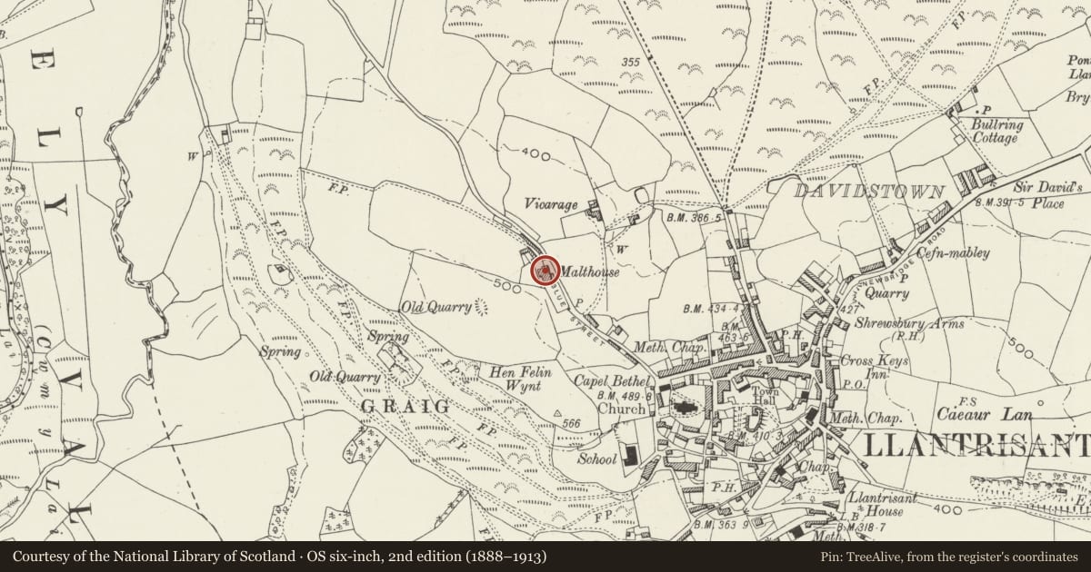 Ordnance Survey six-inch map, 2nd edition (1888–1913) covering the location of The Malthouse, Llantrisant, Rhondda Cynon Taff, with a pin at the register's coordinates