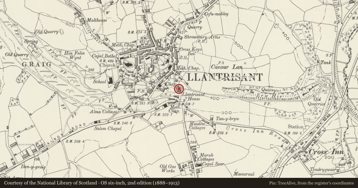 Ordnance Survey six-inch map, 2nd edition (1888–1913) covering the location of Llantrisant House, Rhondda Cynon Taff, with a pin at the register's coordinates