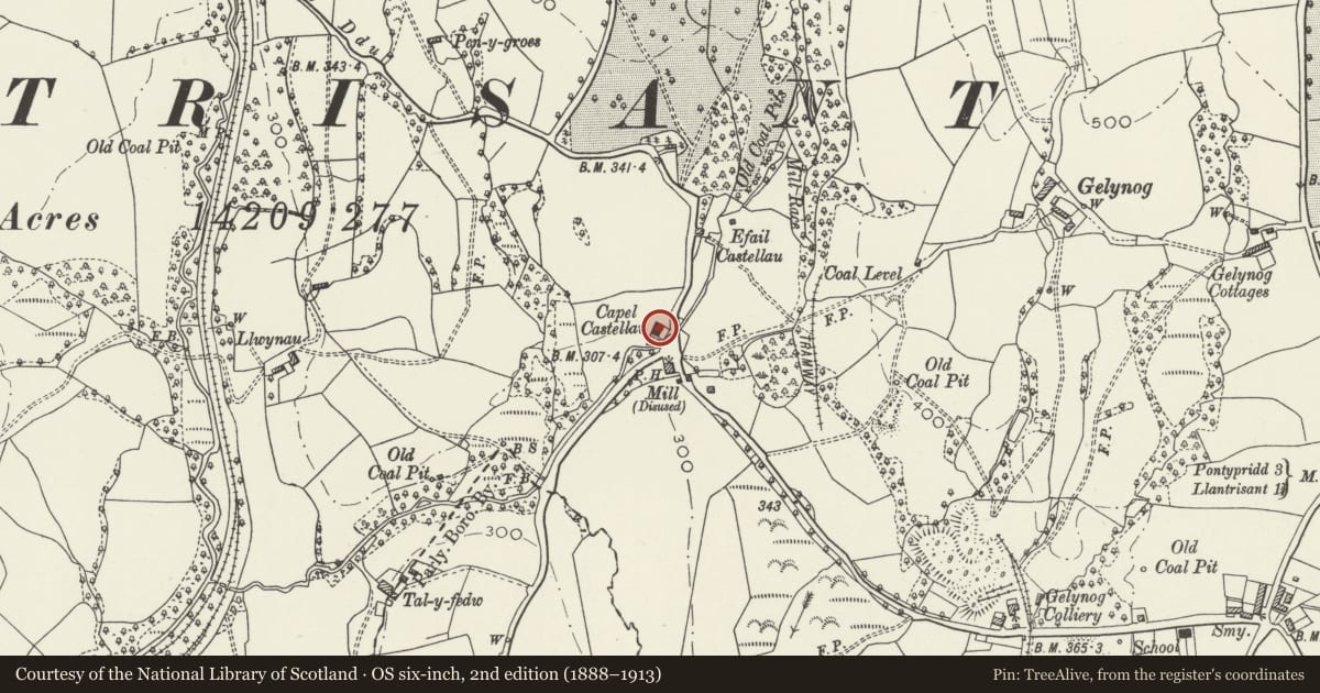 Ordnance Survey six-inch map, 2nd edition (1888–1913) covering the location of Castellau Congregational Chapel, Llantrisant, Rhondda Cynon Taff, with a pin at the register's coordinates