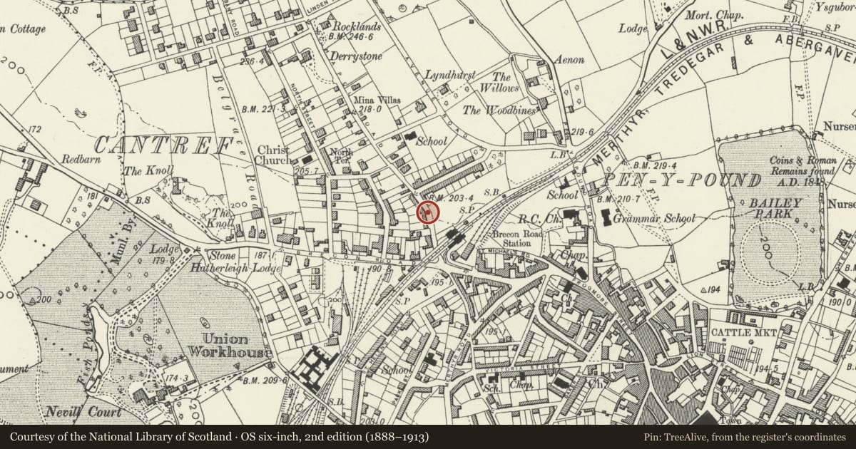 Ordnance Survey six-inch map, 2nd edition (1888–1913) covering the location of House, including attached railings, Abergavenny, Monmouthshire, with a pin at the register's coordinates