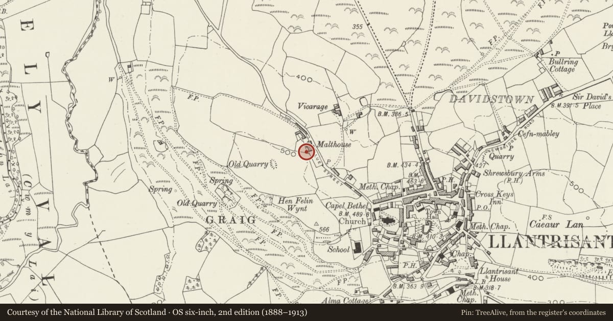 Ordnance Survey six-inch map, 2nd edition (1888–1913) covering the location of Water Pump including surrounding revetment walls, Llantrisant, Rhondda Cynon Taff, with a pin at the register's coordinates